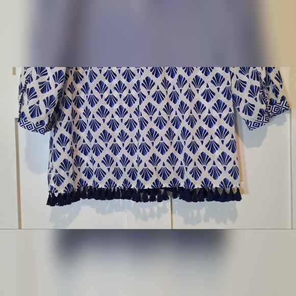 Talbots Cotton Blue & White Geometric Print V Neck Tunic Tasseled Hem Size XLP - Picture 10 of 10